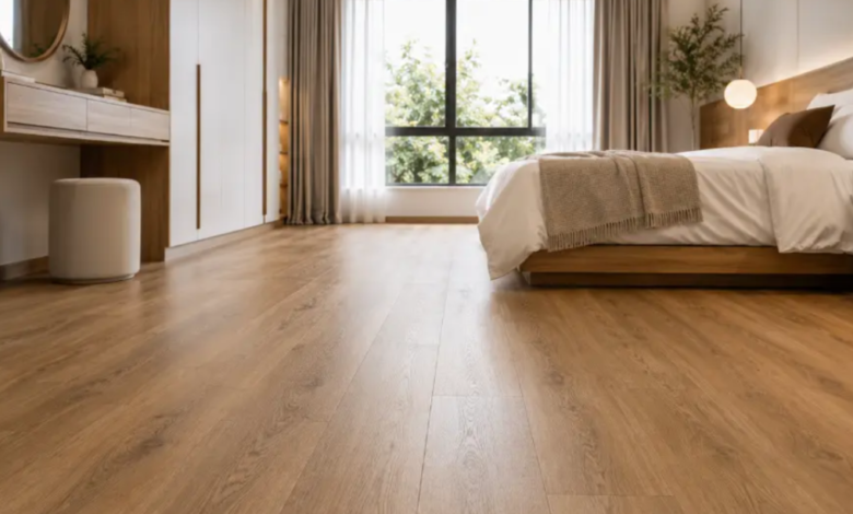 Ruang tamu berdesain modern yang menggunakan lantai SPC Edervin bermotif kayu yang elegan dan rapi.